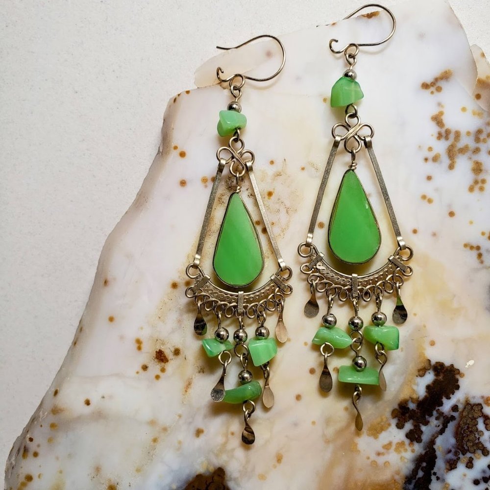 HANDMADE light green stone metal dangle earrings jewelry - Makes a great gift